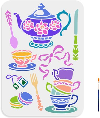 MAYJOYDIY Nachmittagstee Schablone 29.7 × 21cm Tee C Blumen Teekannen Schablonen Mit Pinsel Wiederverwendbar Dessert Tee Gabel Löffel Zeichenvorlage Für Bastelarbeiten Möbel Stoff Wand
