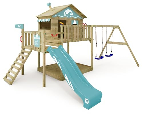 WICKEY Aire de Jeux Smart Coast portique en Bois avec balançoire et Toboggan, Tour d'escalade pour Enfants avec bac à Sable, échelle et Accessoires de Jeu pour Le Jardin. (Bleu Pastel)