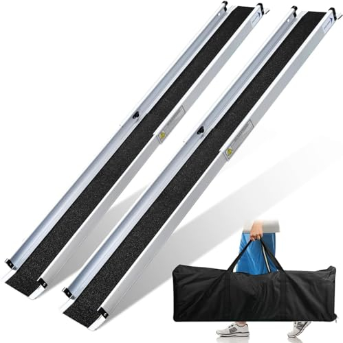 QmEna Rampa TelescóPica para Silla De Ruedas De 2 Piezas, Rampa TelescóPica Antideslizante De Aluminio PortáTil Ajustable con Capacidad De Carga De 300 Kg para Escaleras, ObstáCulos 121-210cm