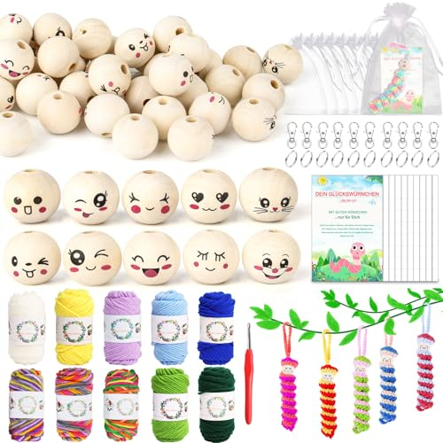 HUALIANG 101 Stück Sorgenwürmchen Häkeln Set, 50 Holzkugeln mit Gesicht 20mm, mit 10 Häkelgarn Bunt, Haken, Organzabeutel, Schlüsselring und Karten für DIY Glückswürmchen Handwerk Schlüsselanhänger