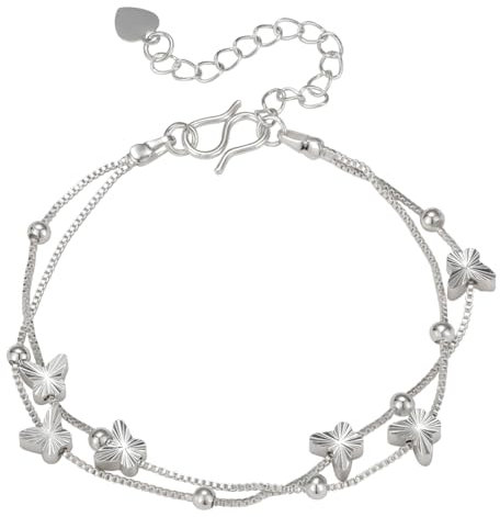 Emibele Charme Schmetterling Armband für Frauen Mädchen, Doppeltes Perlenarmband Doppelte Feine Kette Armband,Zartes Armband Geschenk für Mutter, Freundin, Freund, Silber