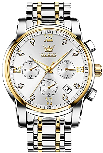 OLEVS Uhren Herren Großes Gesicht Gold Silber Edelstahlband Quarz Watch for Men Mode Klassisches Weiß Chronograph Uhr Leuchtend Wasserdicht Datumsanzeige Herren Kleid Uhr