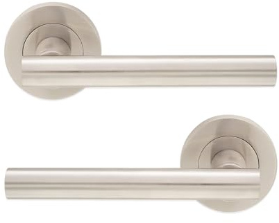 Infinity Decor Pair of Modern T Bar Lever Latch Door Handles on Round Rose Brass Set - Suitable for Interior & Exterior Doors  (Satin Nickel)