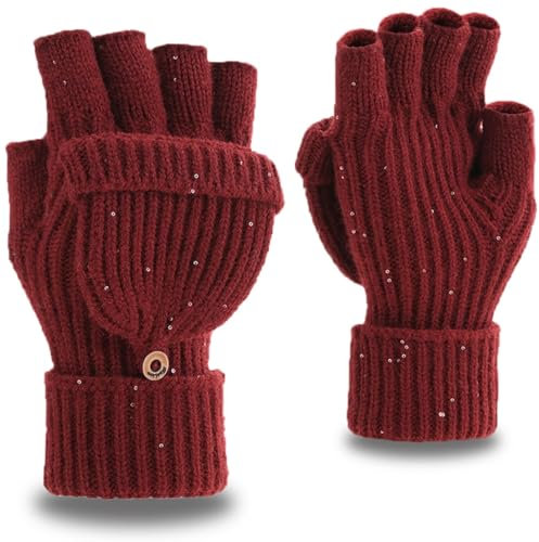 Yaopelky Fingerlose Winterhandschuhe für Damen und Herren, halbe und volle Glitzer-Strick-Fäustlinge Daumen mit Kappe, wandelbarer Thermo-Fäustling, Rot mit Pailletten, One Size for most adults