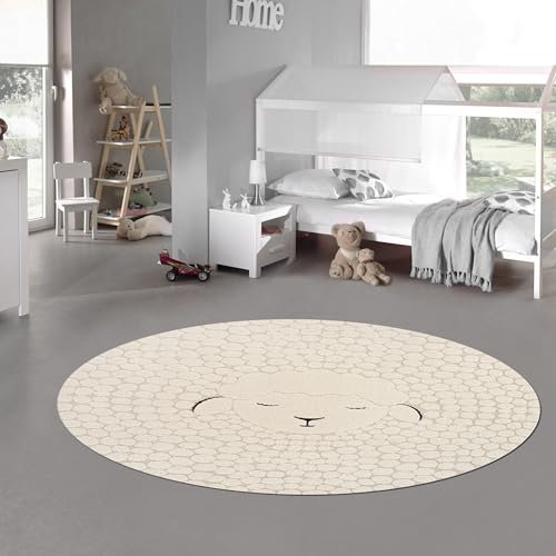 Teppich-Traum Kinderzimmer Spielzimmer Teppich rund mit Schafsmuster allergikergeeignet in Creme, 160 cm Rund