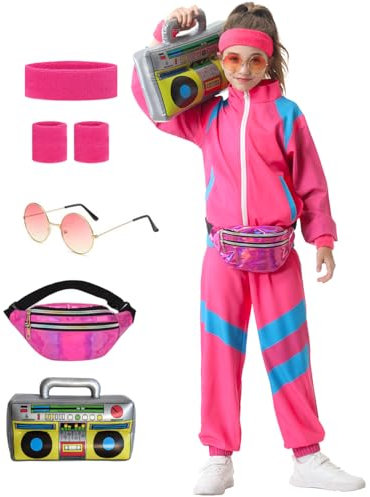 Hislovy Déguisement Année 80 Enfant Fille Garçon Costumes Années 80 90 Survêtement Rétro Ensembles de Sport Jogging pour Carnaval Disco Party Halloween, Rose, 6 ans