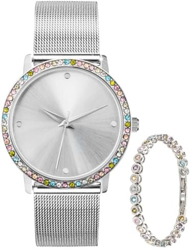 Crystal Blue Damen Armbanduhr Geschenk Set Silber Edelstahl Milanaise Mesh Armband Pastell mit Tennisarmband 22297