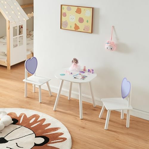 [en.casa] Set Mobili per Cameretta Tavolo e 2 Sedie per Bambini con Schienali a Forma di Cuore Arredo a Misura di Bimbi - Bianco/Viola
