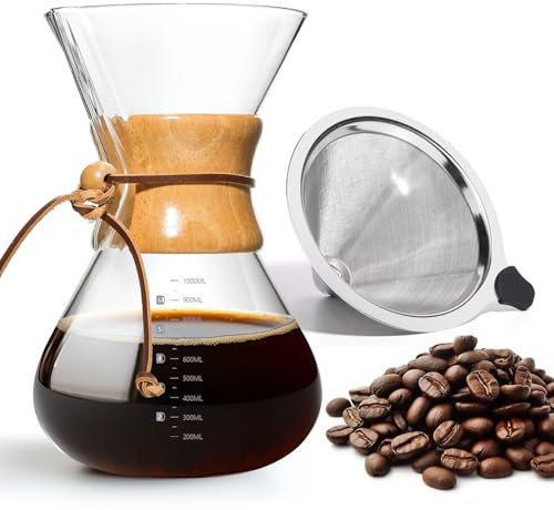 Yopinmall Pour Over Coffee Maker, 10 Cup Borosilicate Glass Drip Coffee Maker with Reusable Stainless Steel Filter and Cork Grip for Home Café 1000 ML