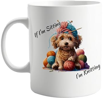 If I'm Sitting, I'm Knitting 11oz Ceramic Mug with Dog & Wool Design – Perfect for Knitting Lovers, Coffee and Tea Enthusiasts, Humorous Gift for Crafters and Dog Owners