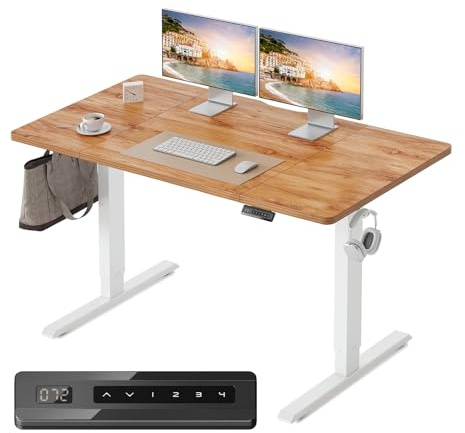Cubiker Electric Standing Desk Height Adjustable For Gaming and Computer, 140 x 70cm Sit Stand Electric Home Office Desk with Memory Smart Pannel, 4 Pieces Splice Board, Light Brown