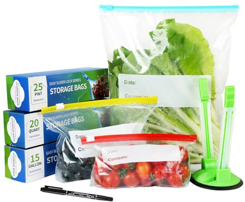 60 Pcs Slider Ziplock Bags, Food Storage Freezer Bags(6.8L&1.7L&0.8L), Reusable Sandwich Bag with Expandable Bottom for Fruits, Vegetables, Meat, Snack, Includes Bag Holder & Pen, BPA Free Leakproof