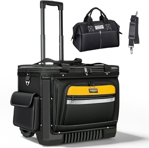 WINHUNT 22'' Rolling Tool Bag with Wheels, Heavy Duty Telescopic Handle Tool Trolley with a small tool bag, Multi-Pockets Storage Organiser For Construction, Electrician, Mechanic, Black