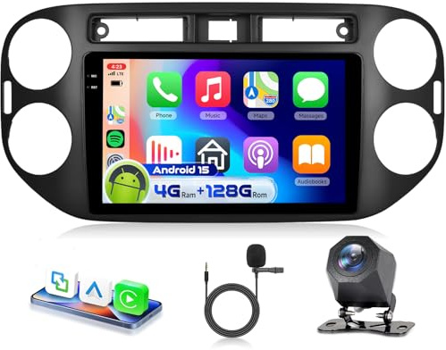 4G 128G VECHTEL 9 Bluetooth-Autoradio für VW Tiguan 2010-2016 Carplay Android Auto,Android 15,EQ,WiFi GPS,Mirror Link,RDS/FM Radio 2 Din mit AHD Rückfahrkamera