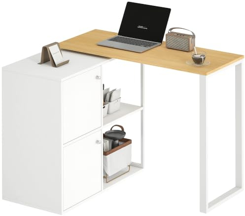HOMCOM Schreibtisch L-förmig 360° drehbar2 Schränke 150x40x75 cm Weiß | Eckschreibtisch, 2 Offene Regale, Computertisch für Kleine Räume, Arbeitszimmer, Wohnzimmer
