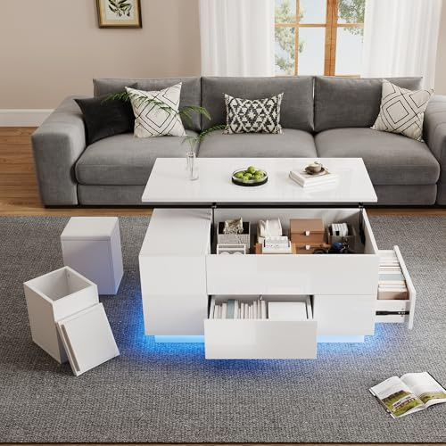 Mesa baja 4 en 1 regulable en altura con LED, mesa baja moderna y brillante con 2 cajones y 2 taburetes, espacio de almacenamiento oculto, mesa auxiliar para salón, carga máxima 50 kg