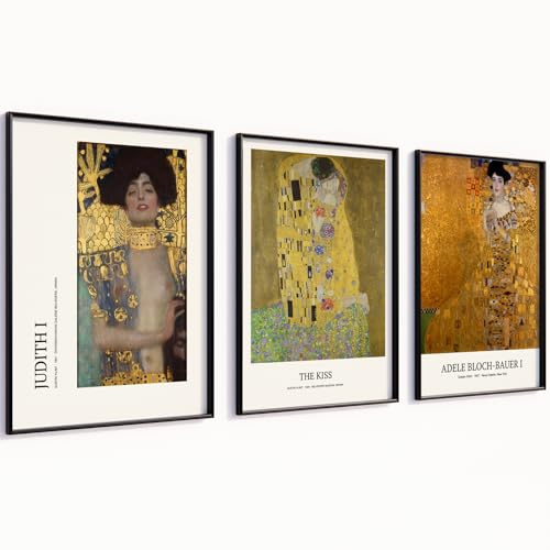 MJ-GRAPHICS® Gustav Klimt Poster Set Kunstdrucke Bilder mit Rahmen Wanddeko Schlafzimmer Deko Inneneinrichtung Flur Wandbilder Wohnzimmer Poster Set A3 3-teilige Bilderset Aesthetic