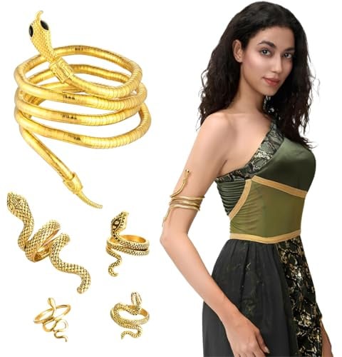 VEOIRXU Kette Damen Schlangenkette Schlangen mit 4 Schlange Ring Armreif Kette Damen Kopfschmuck Schlangenarmband Schmuck Armreif Oberarm Halskette für Damen Herren Medusa Schminke Outfit (Gold)