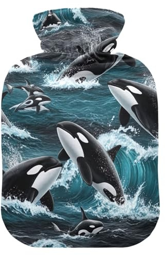 Orca Whales Wärmflaschen mit weichem Bezug, Fußwärmer mit weichem Bezug, Wärmbeutel zur Schmerzlinderung, Größe M