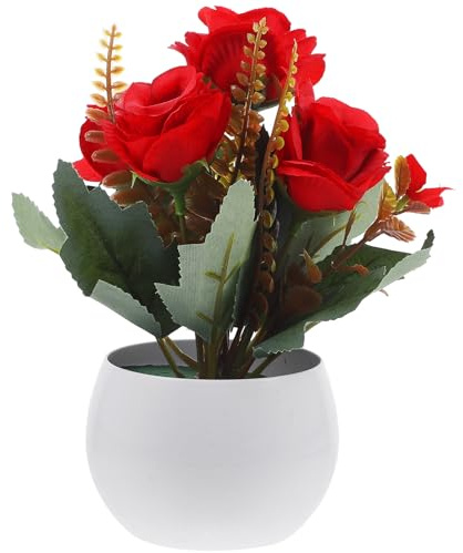 SHINEOFI Plante Artificielle en Pot Petite Taille Rose Rouge Réaliste en Pot Décoratif Plante Artificielle sans Entretien pour Bureau et Maison Décoration Intérieure Élégante