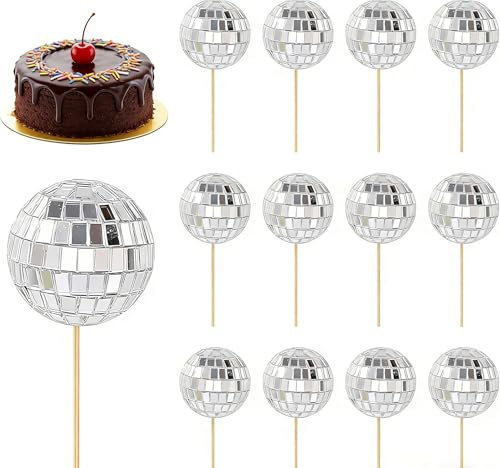 FooYee Disco Ball Cake Decorations, 12PCS 70s Mini Disco Balls for Cake Decorating can Adorn Cakes Cupcakes Pies Ice Creams and Desserts Etc, Cake Balls Decoration with Bamboo Sticks (Silver)