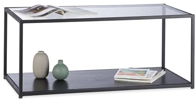 Relaxdays, Noir basse en Verre Rectangulaire Cadre en Métal Panneau vitré Surface Table de Salon HLP 42x100x50cm, 42 x 100 x 50 cm