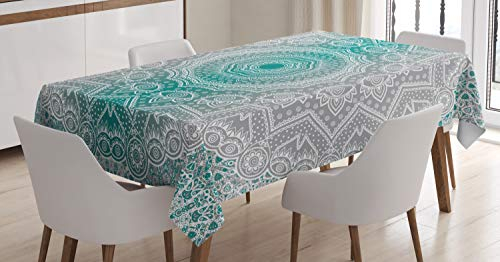 ABAKUHAUS Grau und Teal Tischdecke, Mandala Occult Motiv, Pflegeleicht mit Modernster Druck Technologie Waschbar und Personalisiert, 140 x 240 cm, Teal Grau