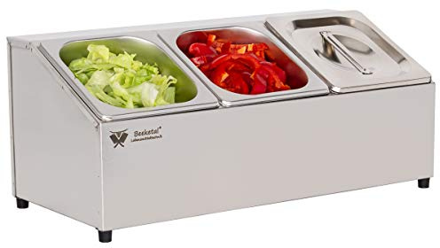 Beeketal 'BGN-3' Edelstahl GN Aufsatzboard für 3 Gastronorm Behälter (einreihig), Gastro Zutatenbehälter inkl. 3 Stück (GN) 1/6 Behälter mit Deckel, abgeschrägtes Gestell mit Anti-Rutsch Füßen