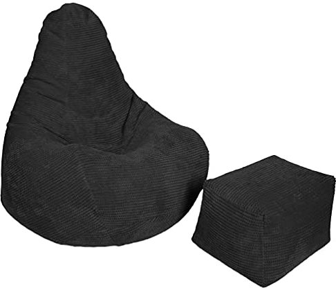 Loft 25 Sitzsack mit Hoher Rückenlehne für Erwachsene | Cordstoff, Innenfutter | Ergonomisches Design für Körperunterstützung (Schwarz, Sitzsack+Hocker)