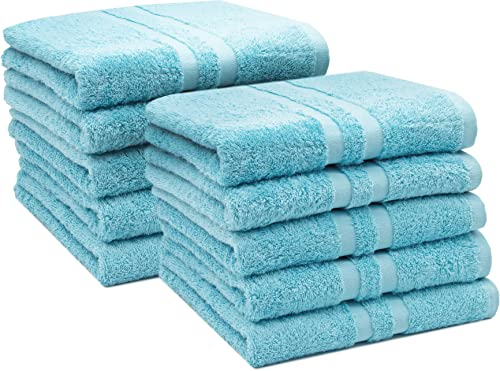 ZOLLNER 10er Set Handtücher in 50x100 cm - Flauschige Duschtücher aus Baumwolle - mit moderner Streifenbordüre - bis 60°C waschbar - mit praktischem Aufhänger - in blau - Hotelqualität