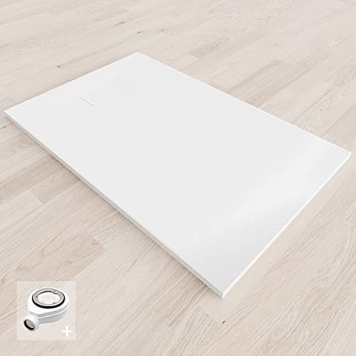 BAYA Receveur de douche extra-plat aspect pierre ardoise Blanc 80 x 120 cm + bonde