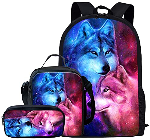 Kuiaobaty Schulranzen Set für Mädchen Jungen 3 in 1 Schultasche mit Lunchtasche Federmäppchen für Mittelschule, coole Wolf, Einheitsgröße, Modern