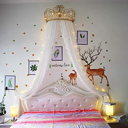 SXFYHXY Prinzessin Himmelbett Vorhänge Weiße Spitze Chiffon Betthimmel Dekorative Vorhänge Metallkrone Mit Sternen Lichter Für Mädchen Schlafzimmer
