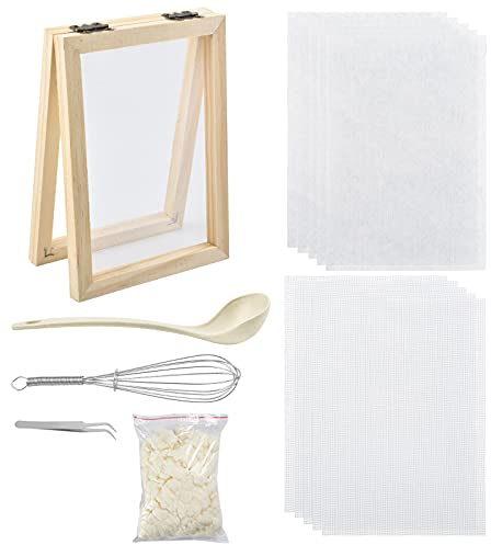 WANDIC Paper Making Kit, Handmade Wooden Paper Making Mould With Spoon & Mesh Cloth & Dewatered Pulp, Frame Paper Making Screen Kit For DIY Paper Art Craft