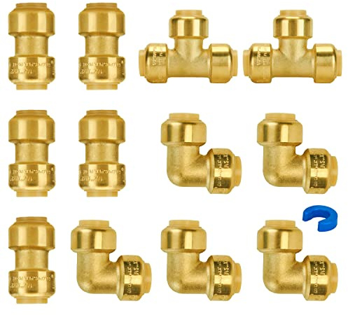 SUNGATOR Plumbing Fittings 1/2 Inch, Push Pex Fittings 1/2 Inch, 5 Each Coupling and 90 Degree Elbow, Tee(2 PCS), No Lead Brass Push to Connect Pex Pipe,Copper,CPVC, with 1 Disconnect Clip, Pack of 12