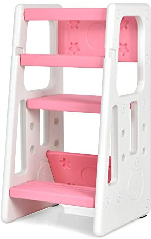GOPLUS 2 in 1 Baby Lernturm, Küchenhelfer mit 3 Verstellbaren Höhen, Anti-Rutsch-Stufe, Rausfallschutz & Sitzfläche für 18-60 Monate, Tritthocker aus HDPE für Küche & Badezimmer (Rosa)