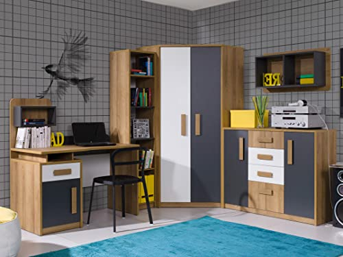 Marmex Kinderzimmer Set Quatro 7 im Set: Eckgarderobe mit Kleiderstange und Einlegeböden Q8, Hängeregal Q4, Schreibtisch Q10, Schmales bücherregal Q2 und Kommode mit Schubladen Q6