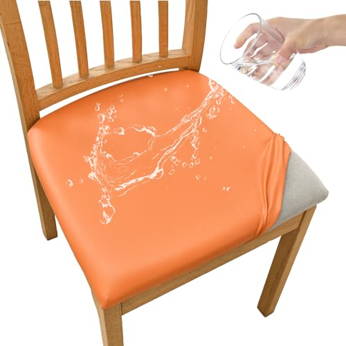 FANSU Stuhlbezug Sitzfläche 4er Set, PU-Leder Sitzbezug Stuhl für Esszimmerstühle Wasserdicht Abnehmbar Sitzschutzbezug Sitzkissen Hussen für Küche Bürostühle Hotel(Orange,4pc)