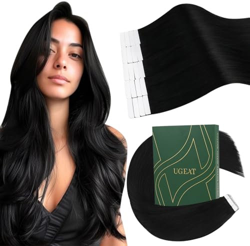 Ugeat Echthaar Extensions Tape 50 cm Schwarz Natürlich Tape Extensions Echthaar Schwarz #1 Invisible Haarverlängerung Tape Echthaar 20 Stück 50 Gramm 50cm
