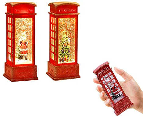 2 Stück Weihnachten Schneekugel Laterne LED Wasser Telefonzelle Weihnachtskugel Telefonkabine Ornament Batteriebetrieben Wirbeln Glitzern mit Weihnachtsmann Weihnachtsbaum für Heim Party Weihnachten