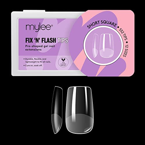 Mylee Fix N Flash Soft Gel Tips - Short Square - 552 PCS, Full Cover Soft Gel Nail Tips, Nail Art Extensions, Flexible & Resistant, 12 Different Sizes, Fit All Nails
