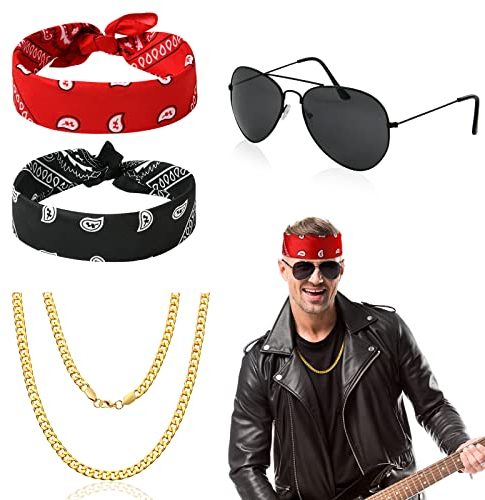 Aomig Punk Gothic Rocker Kit,Heavy Metal Rock für 70er 80er 90er Jahre Outfit Damen Herren, 4 Stück Hip Hop Disco Kostüm Accessoires:Sonnenbrille,Goldketten, 2 x Bandanas, Rock Frauen Rapper Zubehör