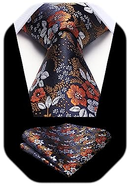 HISDERN Orange Tie Floral Ties for Men Necktie and Pocket Square Set for Wedding Party Business Formal Tie Sets with Gift Box