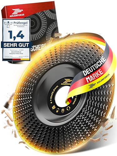 Adlerfokus Holz Schleifscheibe 115mm für Winkelschleifer [EXTRA SCHARF] - Flexscheibe, Wurzelfräse, Lackfräse, Baumstumpffräse, Raspelscheibe - Schleifen Mit Einer Flex