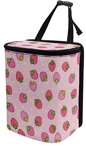 Annejudy Pink Strawberry Car Trash Can with Lid - Collapsible Waterproof Garage Bag, Reusable Hanging Cute Automotive Garbage Bin, Adjustable Strap, Interior Organizer
