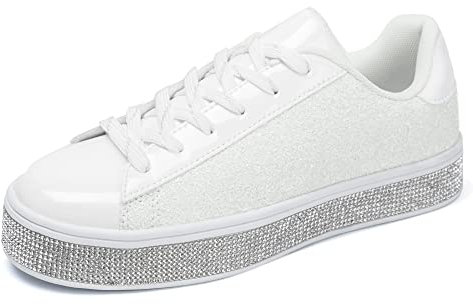 UUBARIS Damen-Tennis-Sneaker, Glitzernd, Floral, Elegant, Strass, Hochzeit, Brautschuhe, Glänzende Pailletten, Weißer Glitzer, 6