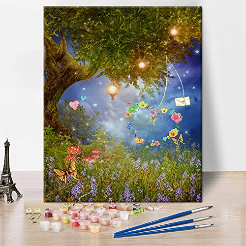 TISHIRON Baum Malen nach Zahlen für Erwachsene, DIY Ölgemälde Garten, 16x20 Inch, Unisex, Natur, Acrylfarbe, Baumwolle, Nicht zusammenklappbar