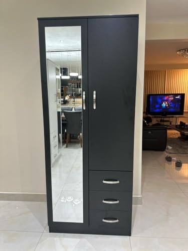 PALAKLOT 2 Door 3 Drawer Full-length Mirror Wardrobe | Modular Cabinet for Space Saving | Ideal Storage Organizer | Matt Finish (Black)