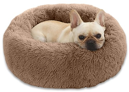 Enjamoy Hundebett Flauschig Donut Plüsch Katzenbett Hundekissen, Waschbar Rund Hundebetten für Kleine, Mittelgroße Hunde Katzen, Braun 58cm