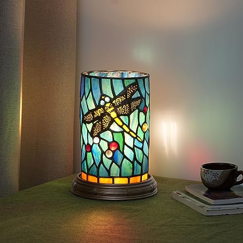 Tiffany Lampe Glas Teal Dragonfly Stil Tischlampe Schlafzimmer Nachttisch Blume Vase Dekor Grün Kleines Nachtlicht Mini Nette Kinder Akzent Einzigartige Zylinder Schreibtisch Lampe